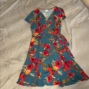 Greenish/ blue with red flower dress.   Side tie.